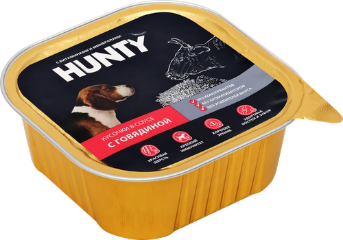 Корм консервированный для взрослых собак HUNTY кусочки в соусе с говядиной, 300г, детальное фото