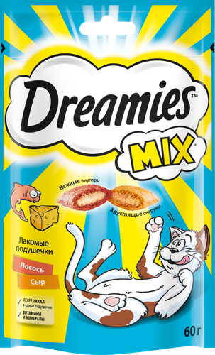 Лакомство для кошек DREAMIES Mix c лососем и сыром, 60г, вид