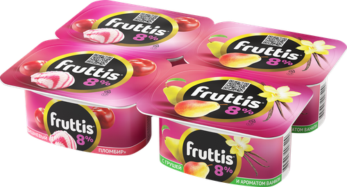 Продукт йогуртный FRUTTIS Суперэкстра Вишневый пломбир/Груша, ваниль 8%, без змж, 115г, фото
