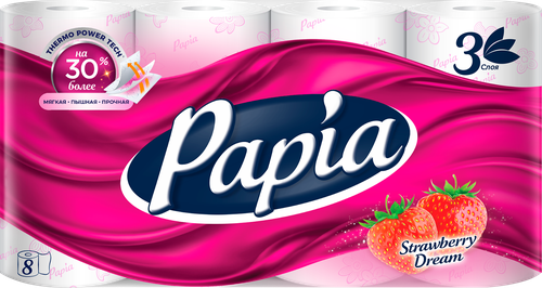Бумага туалетная PAPIA Strawberry Dream 3-слоя, 8шт, крупный план