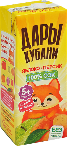 Сок ДАРЫ КУБАНИ Яблоко-персик с мякотью, с 5 месяцев, 200мл, фотография