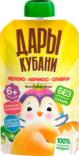 Пюре фруктовое ДАРЫ КУБАНИ Яблоко, абрикос, сливки, с 6 месяцев, 90г, крупный план
