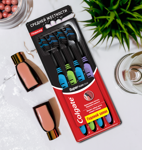 Зубная щетка COLGATE Super Flexi Black, средней жесткости, 4шт, фото