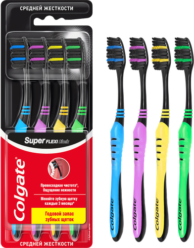 Зубная щетка COLGATE Super Flexi Black, средней жесткости, 4шт, картинка