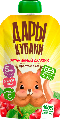 Пюре фруктово-ягодное ДАРЫ КУБАНИ Витаминный салатик, из яблок,  шиповника и клюквы, с 5 месяцев, 90г, фото
