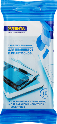 Салфетки влажные для планшетов и смартфонов ЛЕНТА, 10шт, фотография
