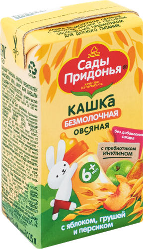 Кашка овсяная САДЫ ПРИДОНЬЯ безмолочная, с яблоком, грушей и персиком, с 6 месяцев, 125г, фотография