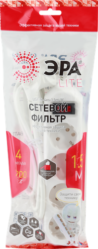 Сетевой фильтр ЭРА Lite 4 розетки с заземлением с выключателем, 1,5м, крупный план