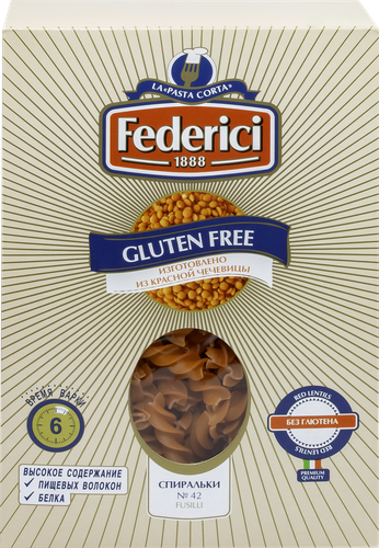 Макароны безглютеновые FEDERICI Спиральки, из красной чечевицы, 250г, крупный план