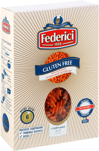 Макароны безглютеновые FEDERICI Спиральки, из красной чечевицы, 250г, фото