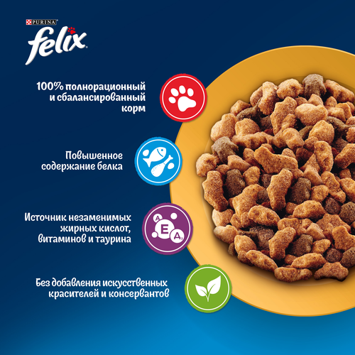 Корм сухой для взрослых кошек FELIX Мясное объедение Курица, 200г, крупный план