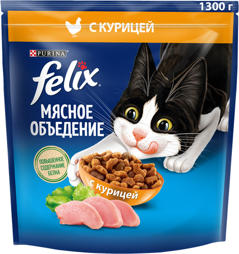 Корм сухой для взрослых кошек FELIX Мясное объедение, с курицей, 1,3кг, картинка