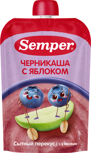 Пюре фруктово-злаковое SEMPER Яблоко, черника, с кашей, с 6 месяцев,  120г, картинка