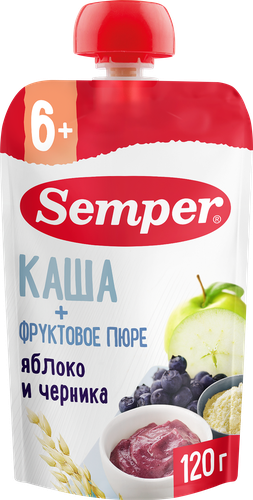 Пюре фруктово-злаковое SEMPER Яблоко, черника, с кашей, с 6 месяцев,  120г, фото