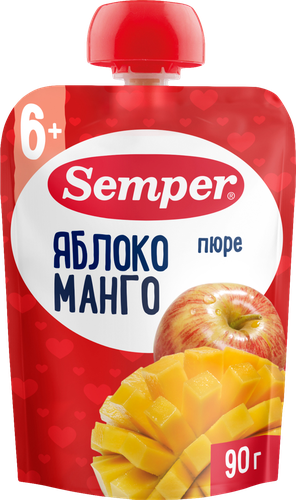 Пюре фруктовое SEMPER Яблоко и манго, с 6 месяцев, 90г, фото