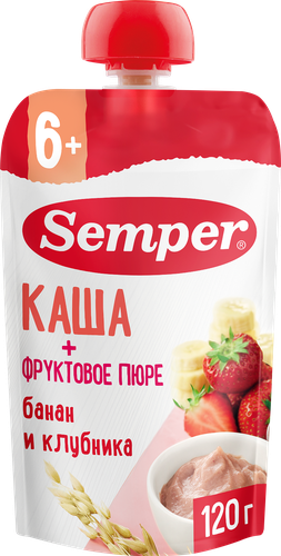 Пюре фруктово-злаковое SEMPER Банан и клубника, с кашей, с 6 месяцев,  120г, фото