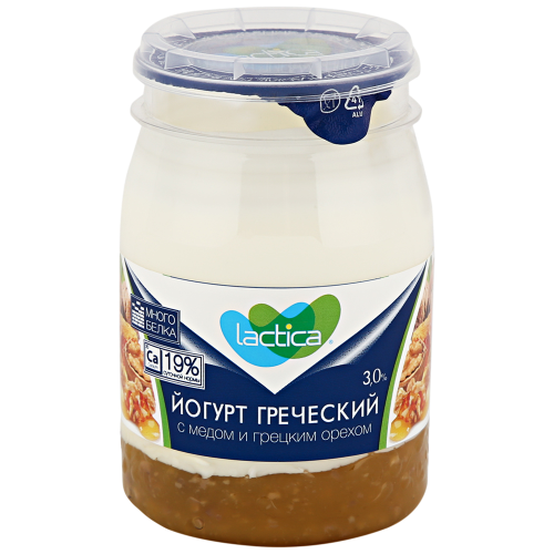 Йогурт LACTICA Греческий с медом и грецким орехом 3% двухслойный, без змж, 190г, вид