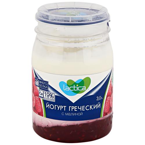 Йогурт LACTICA Греческий с малиной 3% двухслойный, без змж, 190г, картинка