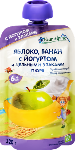 Пюре фруктовое FLEUR ALPINE Яблоко и банан, с йогуртом, с 6 месяцев, 120г, изображение