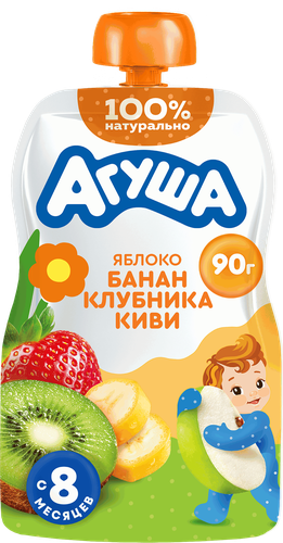 Пюре фруктово-ягодное детское АГУША Яблоко, банан, клубника и киви, с 8 месяцев, 90г, картинка