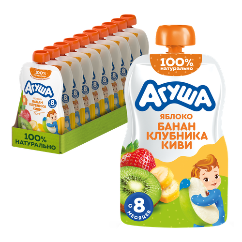 Пюре фруктово-ягодное детское АГУША Яблоко, банан, клубника и киви, с 8 месяцев, 90г, фотография