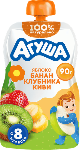 Пюре фруктово-ягодное детское АГУША Яблоко, банан, клубника и киви, с 8 месяцев, 90г, фото