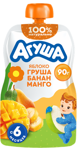 Пюре фруктовое детское АГУША Яблоко, груша, банан и манго, с 6 месяцев, 90г, детальное фото