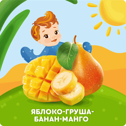 Пюре фруктовое детское АГУША Яблоко, груша, банан и манго, с 6 месяцев, 90г, детальное фото