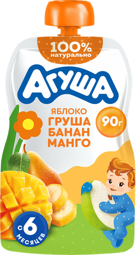 Пюре фруктовое детское АГУША Яблоко, груша, банан и манго, с 6 месяцев, 90г, детальное фото