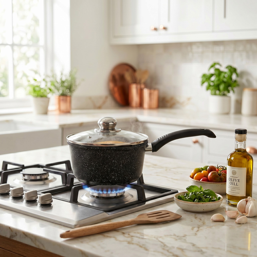 Ковш HOMECLUB Marble, литой алюминий, стеклянная крышка, сливной носик 1.5л Арт. HC-1KV, картинка