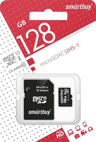 Карта памяти SMARTBUY microSDXC 128GB СL10, с адаптером SD, крупный план