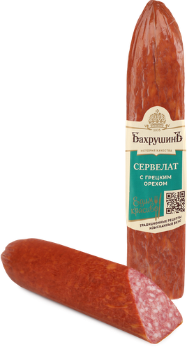 Колбаса варено-копченая БАХРУШИНЪ Сервелат с грецким орехом, весовая, крупный план