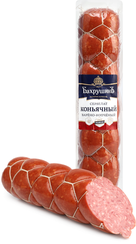 Колбаса варено-копченая БАХРУШИНЪ Сервелат Коньячный, высший сорт, весовая, фото