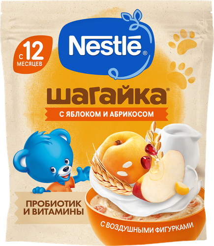 Каша мультизлаковая NESTLE Шагайка, молочная с яблоком, кусочками  абрикоса и воздушными фигуркамис соком граната, с 12 месяцев, 190г, вид
