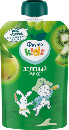 Пюре фруктово-ягодное ФРУТОKIDS Зеленый микс, яблоко, груша, виноград и  киви, с  9 месяцев, 90г, картинка