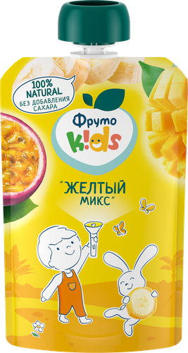 Пюре фруктовое ФРУТОKIDS Желтый микс, яблоко, банан, абрикос, манго и  маракуйя, с 8 месяцев, 90г, фото