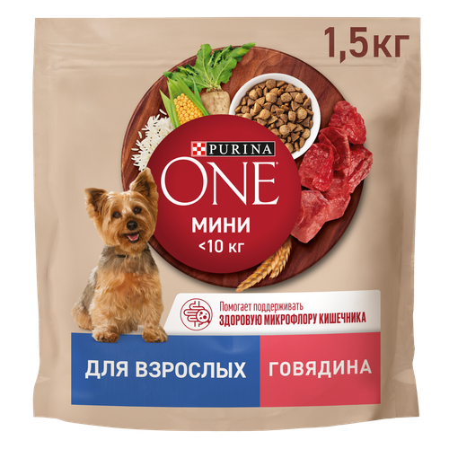 Корм сухой для взрослых собак PURINA ONE Мини, со вкусом говядины, 1,5кг, вид