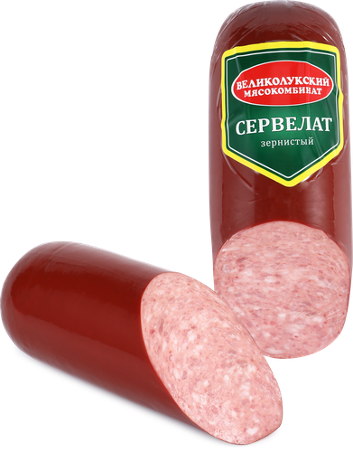 Колбаса варено-копченая МК ВЕЛИКОЛУКСКИЙ Сервелат Зернистый, 400г, крупный план