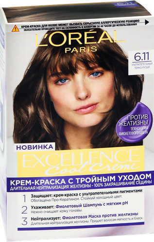 Крем-краска для волос L'OREAL Excellence Cool Creme 6.11 Ультрапепельный темно-русый, 258г, фото