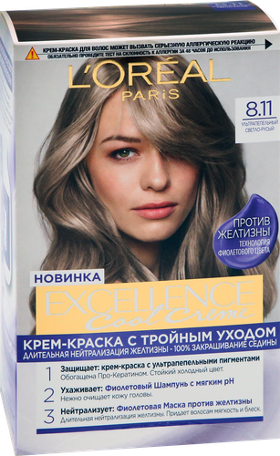 Крем-краска для волос L'OREAL Excellence Cool Creme 8.11 Ультрапепельный светло-русый, 258г, изображение