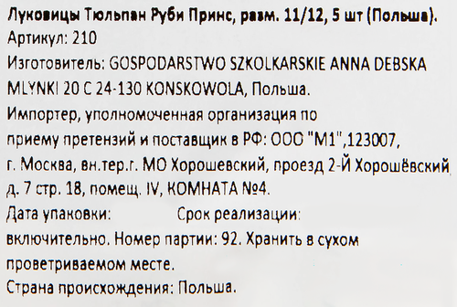 Луковицы Тюльпан Руби Принс 11/12, Арт. 210, 5шт, крупный план