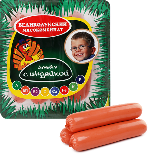 Сосиски МК ВЕЛИКОЛУКСКИЙ Детям с индейкой, с 6 лет, 330г, вид