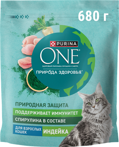 Корм сухой для взрослых кошек PURINA ONE Природа здоровья со спирулиной, с высоким содержанием индейки, 680г, крупный план
