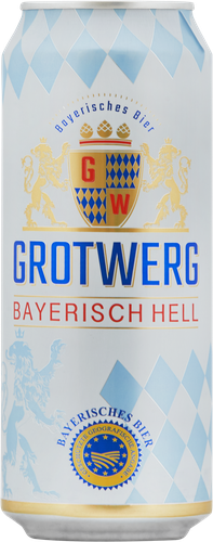 Пиво светлое GROTWERG Bayerisch Hell фильтрованное пастеризованное, 4,7%, ж/б, 0.5л, крупный план
