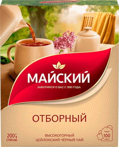 Чай черный МАЙСКИЙ Отборный Цейлонский байховый листовой, 100пак, крупный план