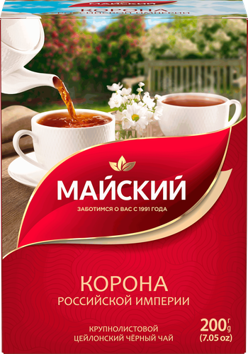 Чай черный МАЙСКИЙ Корона Российской Империи Цейлонский байховый листовой, 200г, крупный план