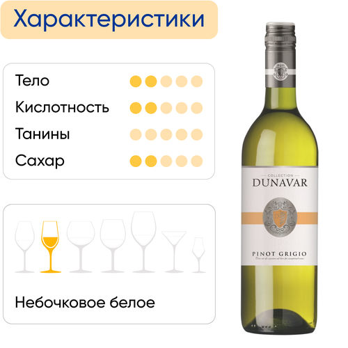 Вино DUNAVAR Пино Гриджио Дунантуль белое сухое, 0.75л, картинка