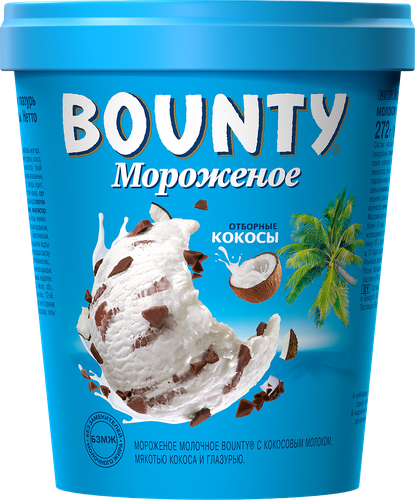Мороженое BOUNTY молочное с кокосовым молоком, мякотью кокоса и молочным шоколадом, без змж, картонный стакан, 272г, детальное фото