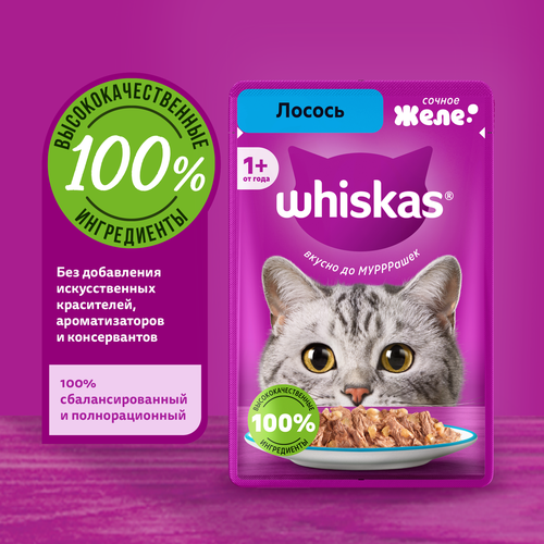 Корм консервированный для взрослых кошек WHISKAS желе с лососем, 75г, фотография