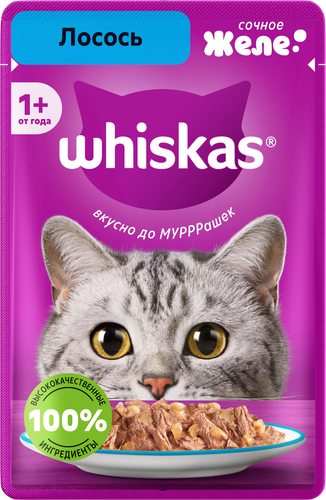 Корм консервированный для взрослых кошек WHISKAS желе с лососем, 75г, фотография